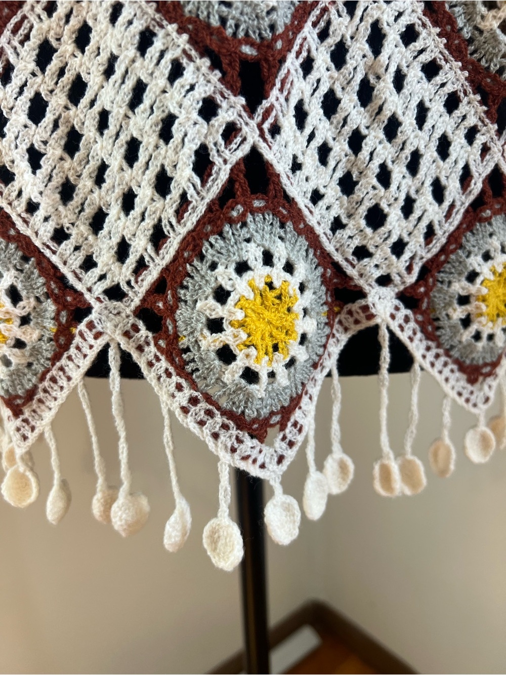 POL Crochet Openwork Sweater in White, Yellow & Brown - Picture 3 of 6